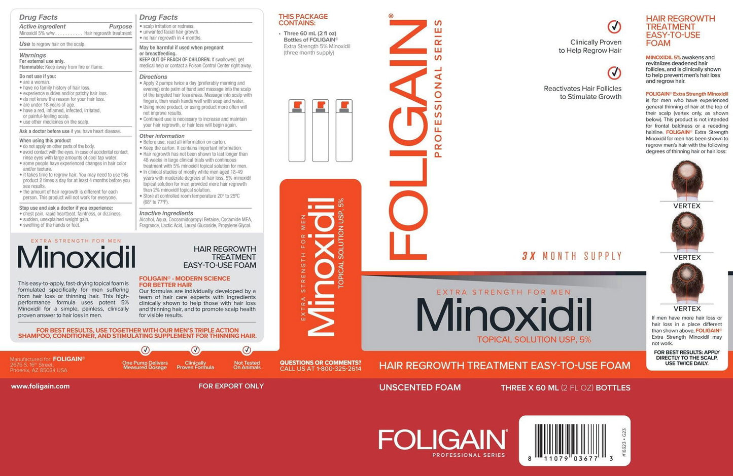 FOLIGAIN Minoxidil 5% Hair Regrowth Foam For Men 3 Month Supply - MinoxFactor